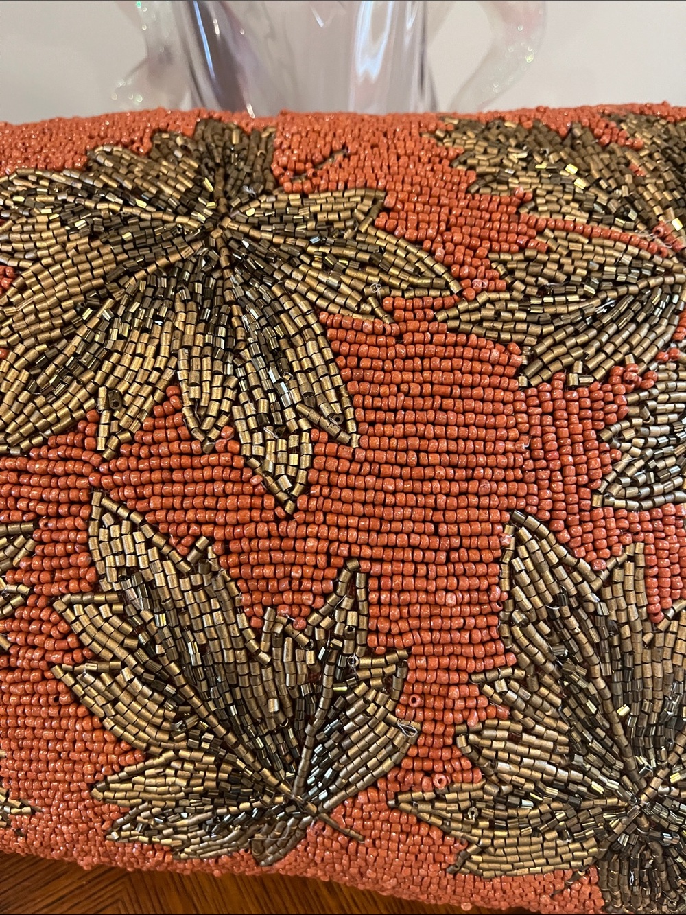 Autumn Hill Orange with Gold Leaves Ornate Beaded Accent Pillow Fall Decor